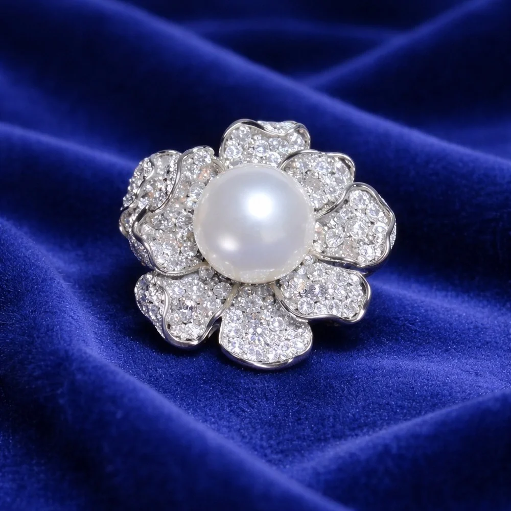 Luxe Pearl Blossom Ring | Statement Diamond Flower Design